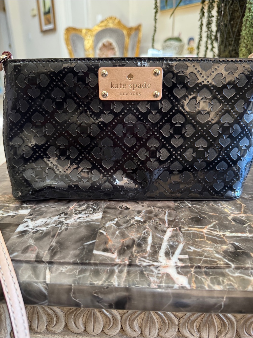 kate spade Black Patent Embossed Cosmetic Pouch with Gold Plate